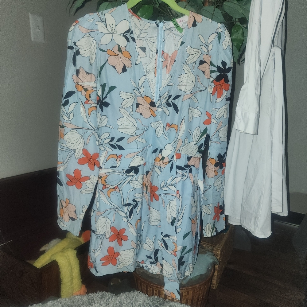 100% SILK Parker Womens Blue Floral V-Neck Long-Sleeve Casual Romper SIZE 0  c - Picture 3 of 9